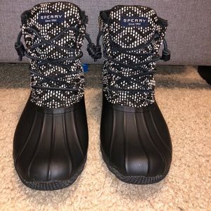 Black and white Sperry Duck Boots